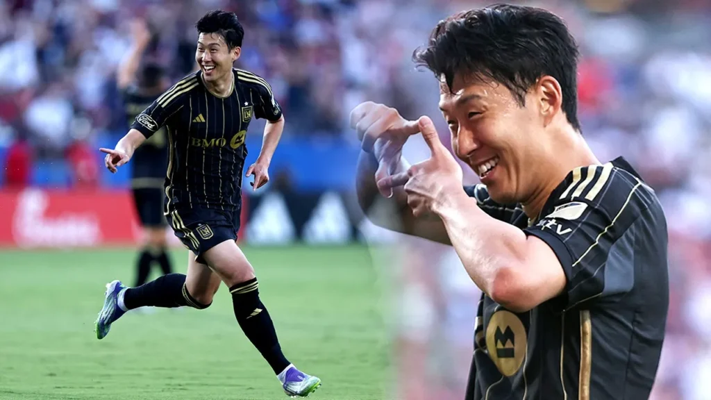 손흥민이 LAFC의 첫 데뷔 후 골을 넣고 환호하는 장면.