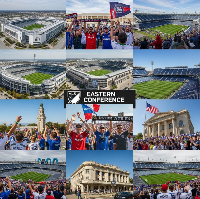 이스턴 컨퍼런스 팀들의 홈 경기장 사진 몽타주. 각 팀 스타디움의 독특한 건축과 팬 응원 장면.