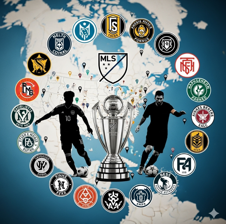 MLS 2025 시즌 전체 팀 로고를 원형 배치로 구성한 콜라주 이미지.