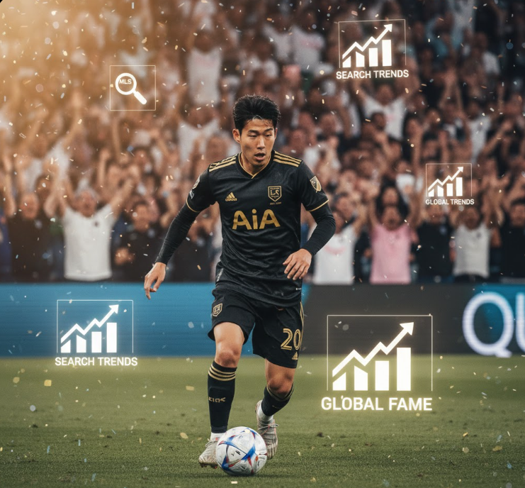 손흥민이 MLS 경기에서 드리블하는 액션 샷